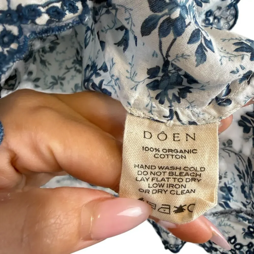 Doen Lazuli Floral Organic Cotton Puff Sleeve Ruffle Top Boho Chic White Blue XS